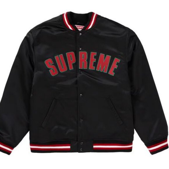 Supreme X Mitchell & Ness Varsity Jacket Black Satin SS21 Size M - Picture 1 of 4